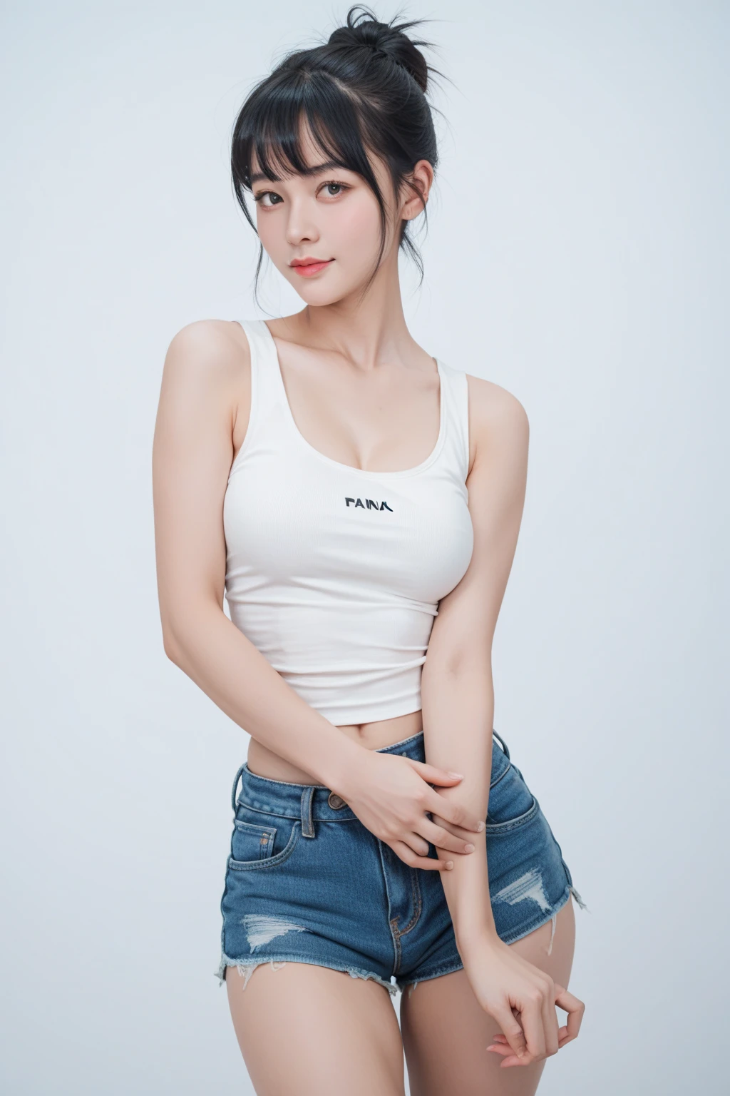A woman wearing a blue shirt and jean shorts poses for a photo., With a torn cropped t-shirt, blue tight t-shirt, Korean female fashion model, Wear a sexy crop top., Korean girl, Wear a crop top., หญิงKorean girlที่งดงาม, Wear a crop top., Tzuyu from two times, beautiful south korean women, Crop, Photo of a thin young model