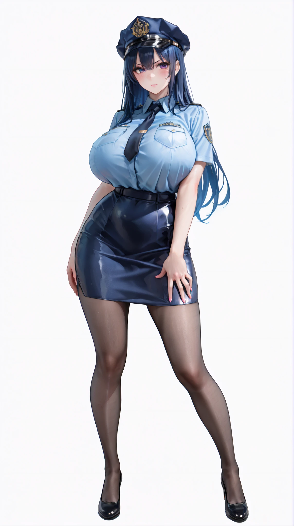 (1 female police officer), Ultimate Beautiful Mature, hyperdetailed face, Detailed eyes, Double eyelids, Detail lips, long hair, (Light blue fancy blouse), (Black tight mini skirt), (huge breasts:1.5), lightsmile, thighs thighs thighs thighs, Standing, ((Cowboy Shot)), depth of fields, Perfect litthing, (Photorealsitic:1.4), (ultra-detailliert), (top-quality), (Best Shadows), (masterpiece), Ultra High Resolution, Background with: (tokio city),Dark eye makeup、Bright pink lipstick