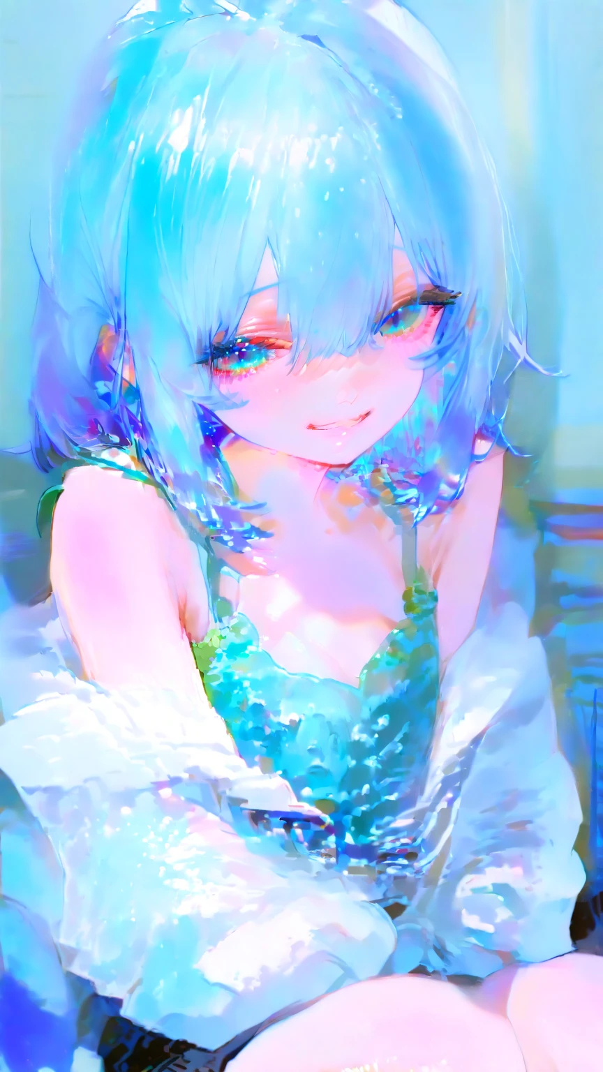 （​masterpiece、top-quality）、flowers background、One Little Girl、Sentimental、white  clothes、frilld、lightblue hair、Wave Shorthair、bare-legged、Cat ears、Do not put your shoulders out、