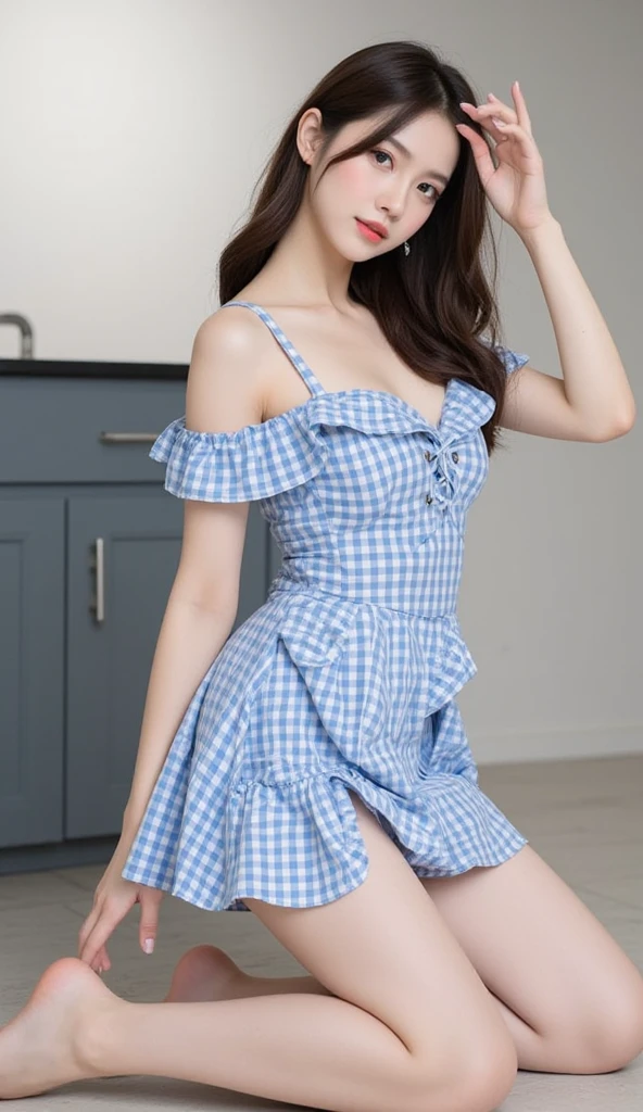 top-quality、Top image quality、​masterpiece、fully body photo、25 years old women, Dark brown wavy middle hair、bangss、((White apron with frills))、 (no-bra、Puffy nipple、Visible)、Blue Panties、soft boob、Large breasts、Bare legged、 cute smile face、衣服湿透、on a couch、((I can see all my panties、open one's legs、Open knees、Rub your chest with both hands、Touching the crotch))、((Lying on the sofa))