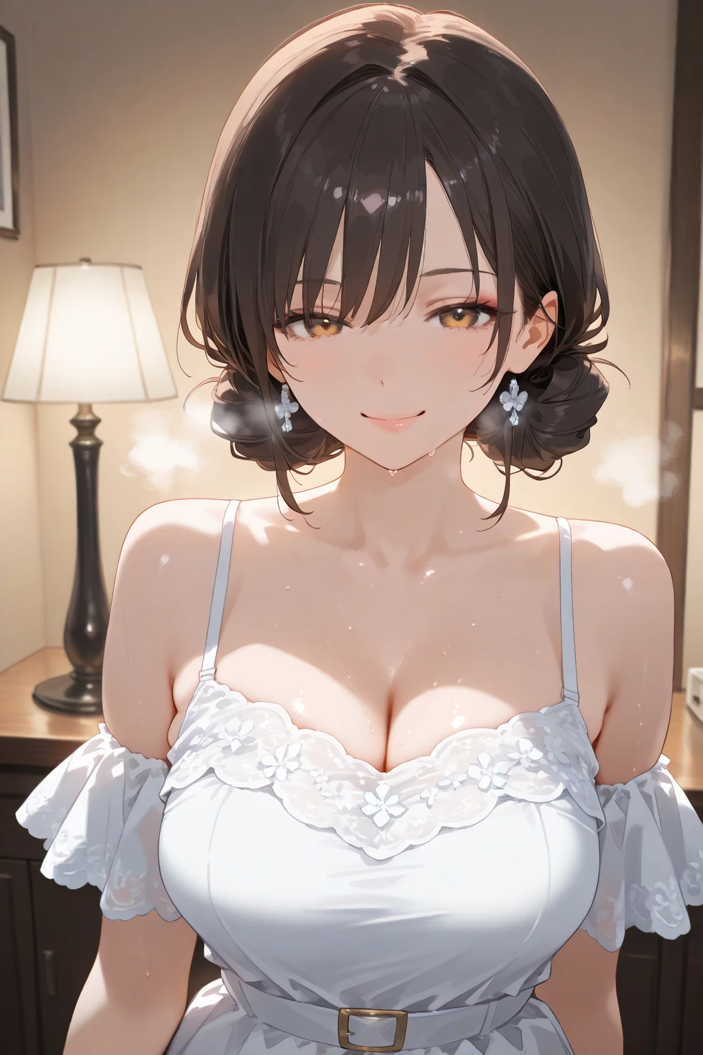head rest、Biologically correct five fingers、mature female、big breasts, Upper Body, (pale skin:1.2), shiny skin, shiny hair、(A woman in her 40s) and (bob cut) and (wavy hair) and (hair between eyes) and (black hair) and (red eyes), (white) and (off shoulder blouse) 、smile, Alone、Sitting、In the background is a living room with food on a table、