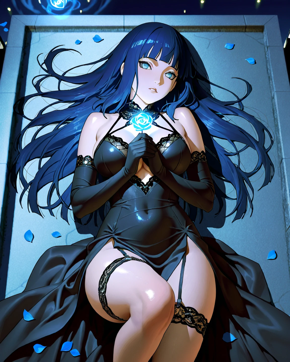 rimuru，long blue hair，Big breasts and long legs，Black silk occupation