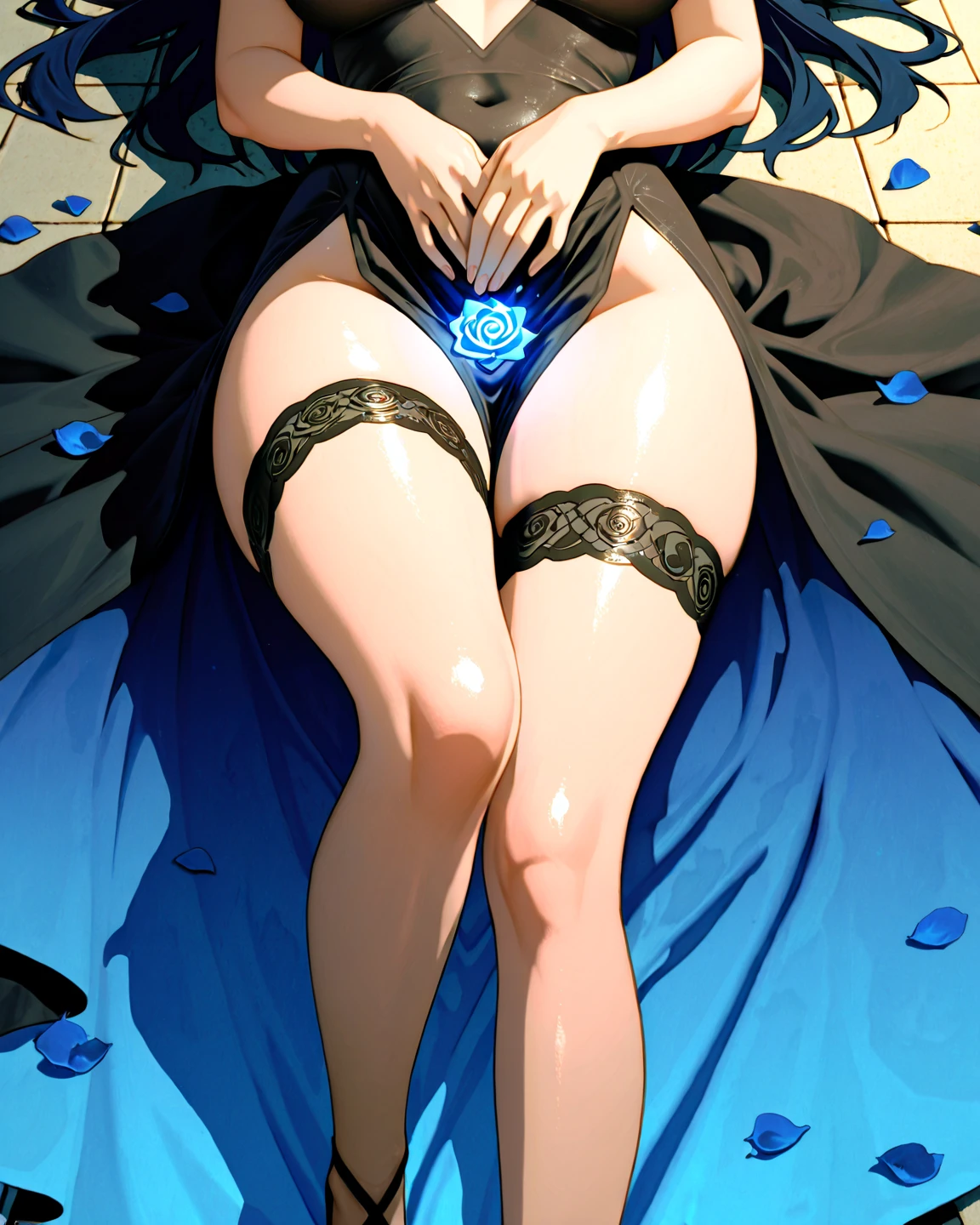 masterpiece, lots of detail, 4k, 8k, ((ultra-detailed)), highres, 1girl, lounger, goth, thighhighs, choker, arm gloves, {red hair|green hair|black hair|blue hair}, {ponytail|short hair|long hair|curly hair}