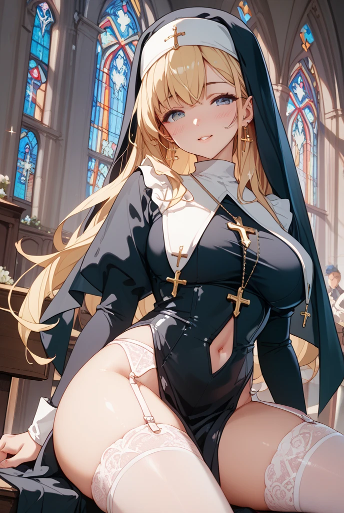(top-quality)), ((​masterpiece)),、church、Pitch Resuit、Adult Woman、 ((pantyshot:1.5))、Standing　Open legs、Lift skirt 、(Cumming in overflow :1.5)、 Tits、Sobbing tears、(thong:1.0)、 knee high　white、(cum in vaginas:1.3)、cum in mouth、(underboob,show off nipple:1.5)、Lots of students around、 focus under view