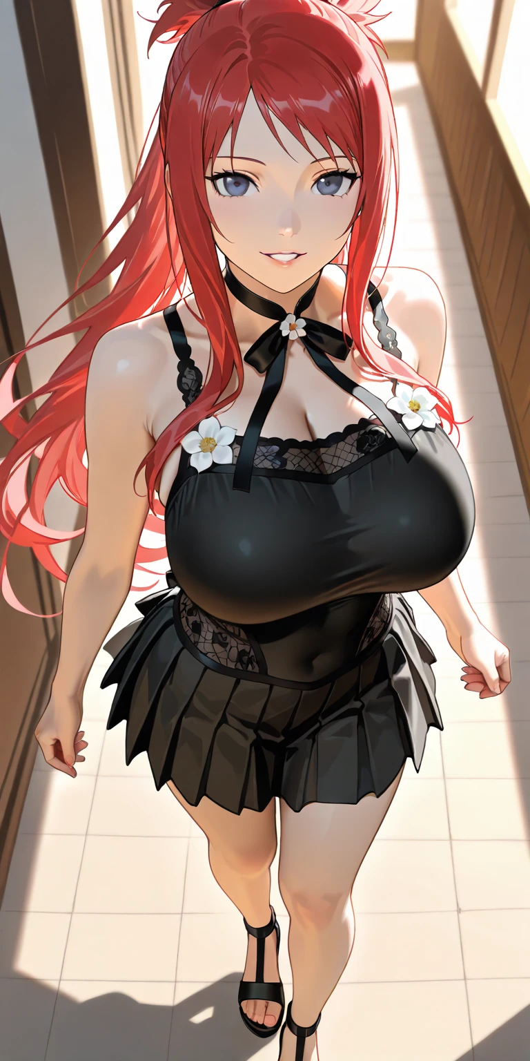 masterpiece, best quality, highly detailed background, perfect lighting, best quality, (extremely detailed face), volumetric lighting, intricate details, shadow, tonemapping, sharp focus, hyper detailed, trending on Artstation, (solo) ((Looking at the viewer)) (long red hair) (Hair over face) (only one eye visible) (dressed in black) (satanic necklace) (black eyes) (curvy) (Big breasts) (black corset) (transparent skirt) (fishnet stockings) ((Blue eyes)) ((human)) (sexy)