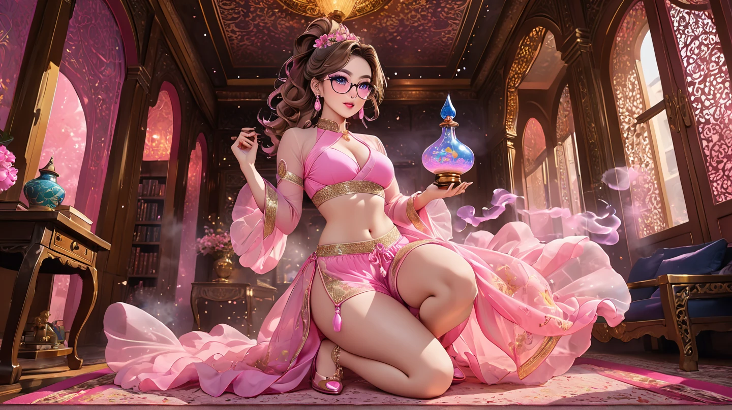 A young 15- yr old native european girl with lovely charming face,(  pale skin texture masterpiece),( wearing glasses),(smiling with exposed teeths showing)(perfect full body detailed anatomy), (Super accessories detailed), (meditating ), (perfect detailed bright sparkling eyes),( short ponytail illuminating red gemstone crystalized hair), ((expose big hard erect nipples))(( exposed panty ))((legs wide open showing pussy line))(( Wearing transparent illuminating costume of a magician)), holding a treasure book or box (( illuminating different lights covering the sorrounding atmosphere)) on its back wearing beautiful large top hat with butterfly wings detailed design, The character solemnly praying, 7 different perspective view of that same girl & face profile sheet character style 