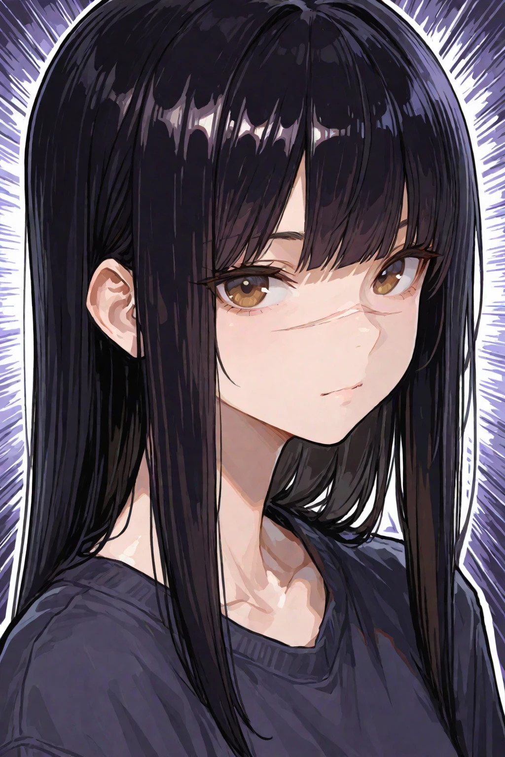 score_9, score_8_up, score_7_up, sketch, 1girl, VirtuosaBase, (chibi:0.7), black hair, blunt bangs, long hair, broken halo, energy wings, black eyes, mole under right eye, small breasts, naked, hand over chest, leaning forward, on fours, looking at viewer, upper body, zoom out, white background,
