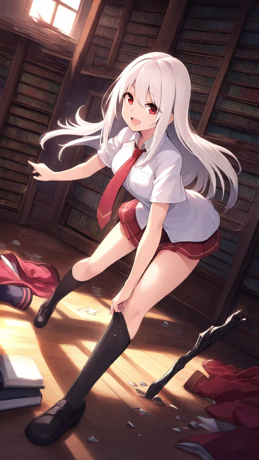 Masterpiece, Top Quality, High Resolution, Hi-Res, One Girl, Solo, Angle from Below, Skirt, Shirt, White Y-shirt, Unbuttoned, Fluffy, Cleavage,Protruding Nipples, Hard, White Hair,Pleated Skirt, Socks, Black Skirt, Long Hair, Long Sleeve, Bangs, School Uniform, Black Socks, Dress Shirt, Smile, Sweaty, Drenched, Sheer Through, Sheer clothing, Skirt fluttering in the wind, Lift up skirt, Crotch line, Hip line, White underwear, Panty shots, Beautiful leg line, Drops running down your legs, Drenched lower body, Wet waist, Excess crotch droplets, Body parts three-dimensional, Exposed underwear, Realistic skin texture, Focused on feet, Kneeling, Knees spread, Bright room, Finger shift panty position, Lighting from below, bitten panties, butterfly hair ornament