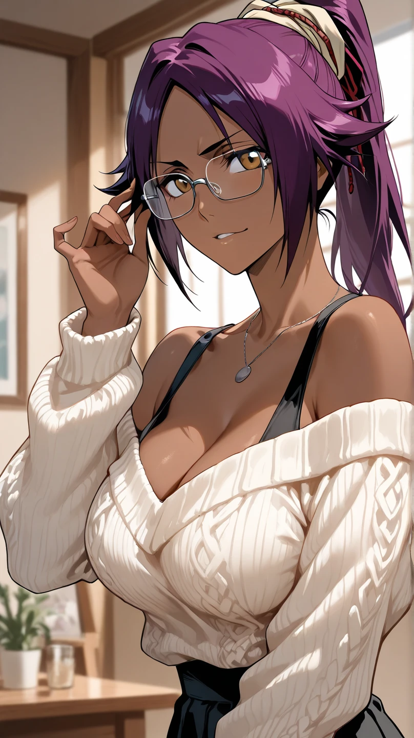 ((top-quality、masterpiece、8K))、(up of face、bustup)、dishevled hair、A dark-haired、forehead、Purple eyes、Red cheeks、Plump lips、smile、Carefree body、white shirt、cardigan、Black miniskirt、tense look、inside in room、Bedrooms、