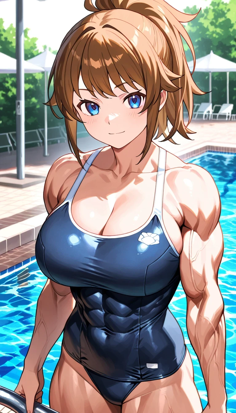 score 9 、score 8 excellent、score 7 excellent、score 6 excellent、source anime、傑作、best quality、best resolution、1woman、strong muscles、Beautiful woman、cool woman、sexy woman、brave woman、looking at viewer、cowboy shot、female focus、詳細な顔、Are standing、白い肌、Fumina Hoshino、outfit:school swimsuit、navy blue swimsuit、navy blue tank suit、covered breasts、big breasts、cleavage、very large breasts、collarbone、trapezius、covered midriff、covered stomach、covered abs、covered navel、high leg cut、toned body、muscular girl、brown hair、ponytail hair、blue eyes、deltoids、anterior deltoids、middle deltoids、posterior deltoids、biceps、biceps long head、biceps short head、triceps、triceps medial head、triceps lateral head、triceps long head、brachioradialis、thigh muscles、semitendinosus muscles、hamstrings、adductor magnus muscles、The upper body of the school swimsuit is an old school swimsuit、new school swimsuit、student swimsuit、The lower half of the school swimsuit is the new school swimsuit、bare shoulders、bare arms、bare crotch、bare hips、bare thighs、bare legs、high leg cut swimsuit、outdoors、pool、poolside、brave smile、light smile、best image quality、back ground、
