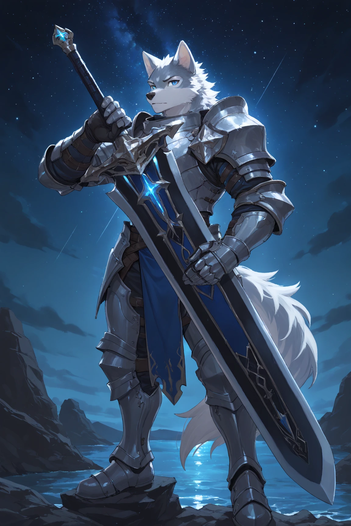 A simple man handsome
who has ears and a tail like an ice wolf and he sits on a throne holding his sword and his armor made of the finest materials. High quality