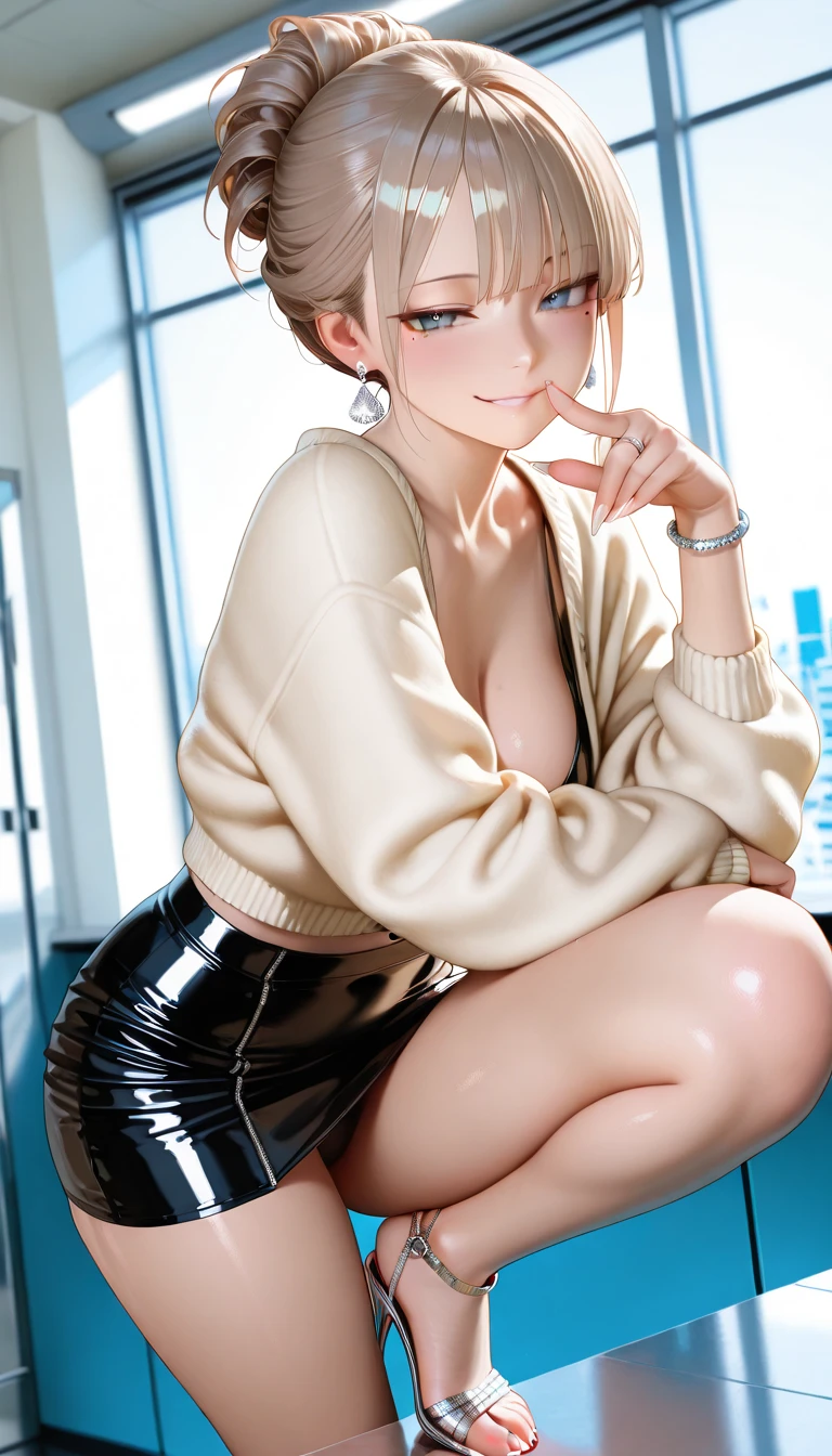 There is a woman sitting on a red sofa with plants in the background, Short hair, Chiho, Yoshitomo Nara, sakimichan, reluvy5213, Ayaka, shikamimi, Hime cut, sakimi chan, 8k)), tits, Beasts,Big Breasts,