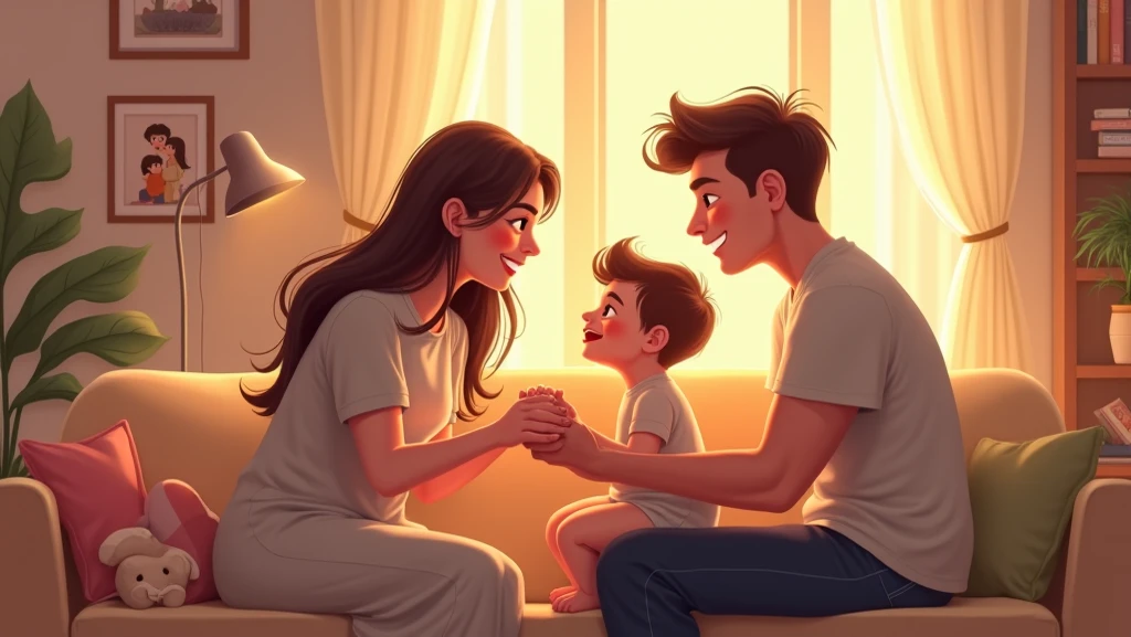 Happy man next to his wife because his baby took his first steps