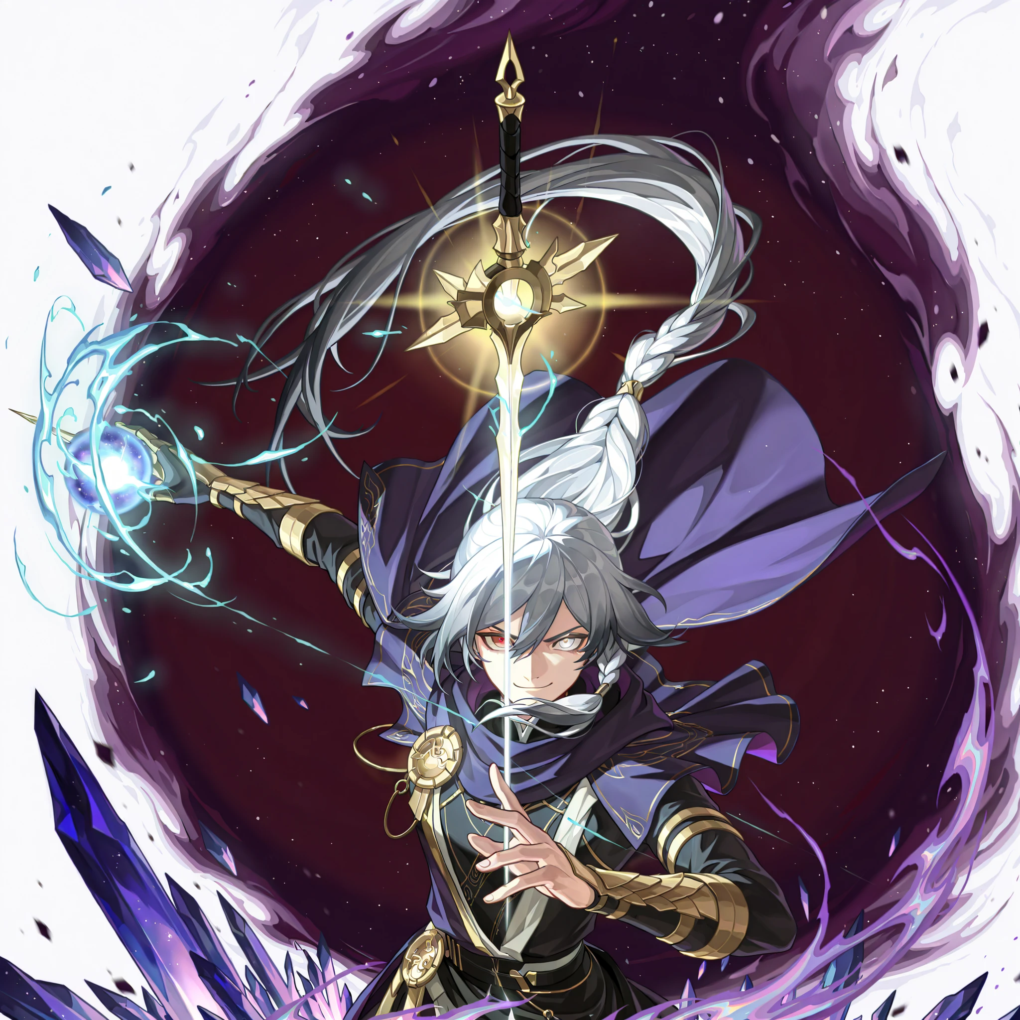 in the style of [arknights|(748cmstyle:0 . 5)], (god rays, vivid colours, light stream, colour splotches, cinematic shot, mature, young adult, masterpiece, best quality, amazing quality, very aesthetic, high resolution, ultra-detailed, absurdres:0.78), BREAK
1girl, solo, chaotic background, magic aura background, (FuHua, Fol005, Fh_Hos:0.46), (dynamic pose, upper body focus, medium shot:1.2),fu hua, white and gold toga, gray hair, white hair braided hair, multicolored hair, white eyes, red eyes, two tone heterochromia, ancient greek clothes, peplos, ,roman god, greco-roman clothes, roman priestess, purple aura, purple energy, surrounded by a nebula of thousands of dark colours, chaotic crystal energy, crystal pillars, crystal weapons, sword circle, war priest, french capelet, french royalty,
looking at viewer, smirk, csmicvoid, (void rapier, cosmic shortsword, astral jian, void magic, cosmic magic, astral magic:1.2), surrounded by aura, surrounded by cursed magic, golden scars, dark golden light,

 