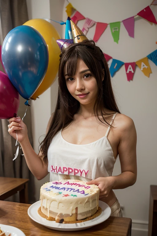 女の子1人、full bodyesbian、rainbow hair, hair between eye, tiarra、diamond-shaped pupils, makeup, smiley, anime styled, Iridescent dresse/1.8, From above, god statue、masutepiece, Best Quality、Birthday Celebration、birthday cake