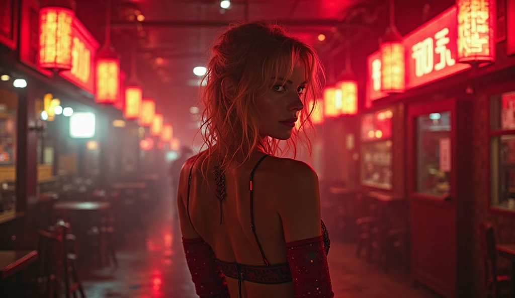 (masterpiece:1.3), ultra detailed, ultra high res, (realistic, photo realistic:1.37), high detail RAW color photo, Cinematic Light, professional photograph, (perfect proportions), (anatomically correct), ((view the viewer:1.3)), (shoulders exposed), a photo shot of ((taylor swift, 28 years old)), with perfect body, very delicate face and detailed eyes, (light brown short hair:1.5), (light makeup:1.5, (red lipstick:1.55), eyeliner), (full breasts:1.5), pale skin, ((Taylor Swift)), ((dressed in a slave's bra with chains:1.56)), ((chain belt:1.6)), ((breasts covered by sexy chain mail:1.5)), (((white, Black: latex pants, Layered chain trousers with ultra detailed))), (narrow waist:1.2), (medium ass), ((Whitens skin, slim face)), slim belly: 1.2, (very slim, well-muscled body:1.32), ((Ultra-detailed face)), The attention to detail, Double eyelids, (Erotic:1.5), satisfaction smile, gorgeous appearance, electrifying appearance, (Dynamic pose: 1.2), ((city night), (neon sign), (night), walking), ((turning back, back shot)), transparent pants