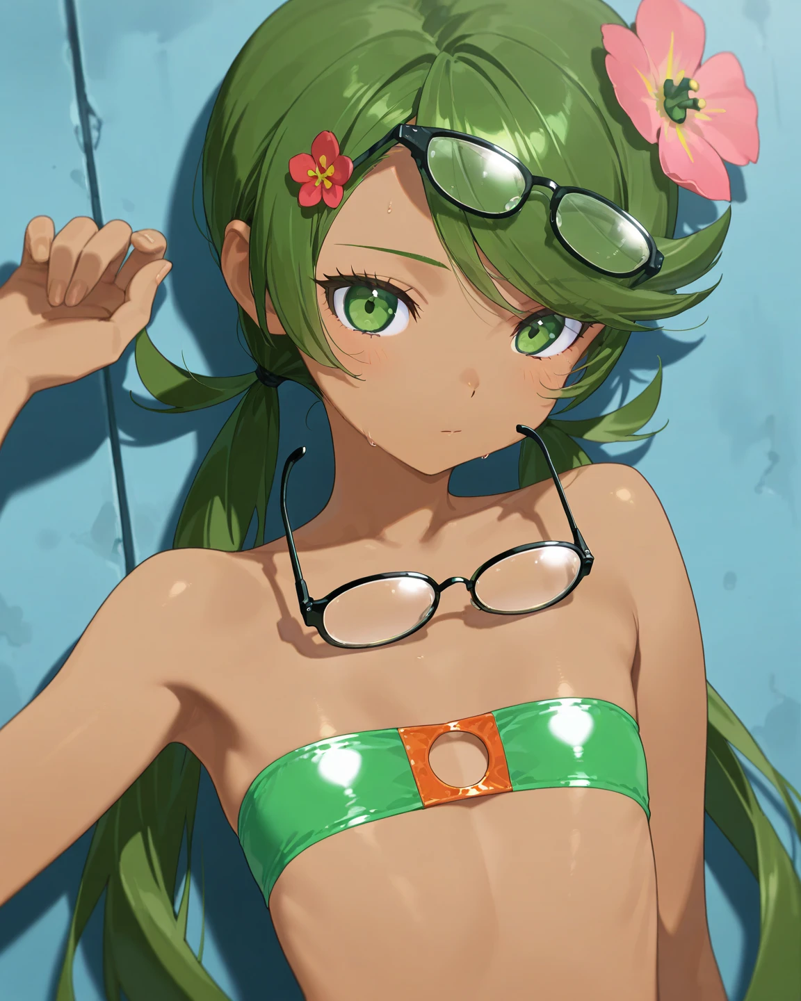 1girl, sgannie, yellow eyes, eyepatch, green hair, twin braids, star (symbol), stocking, green thong, lewd pose, child-rearing hips, child rearing hips, small breasts, small bust, green microbikini top