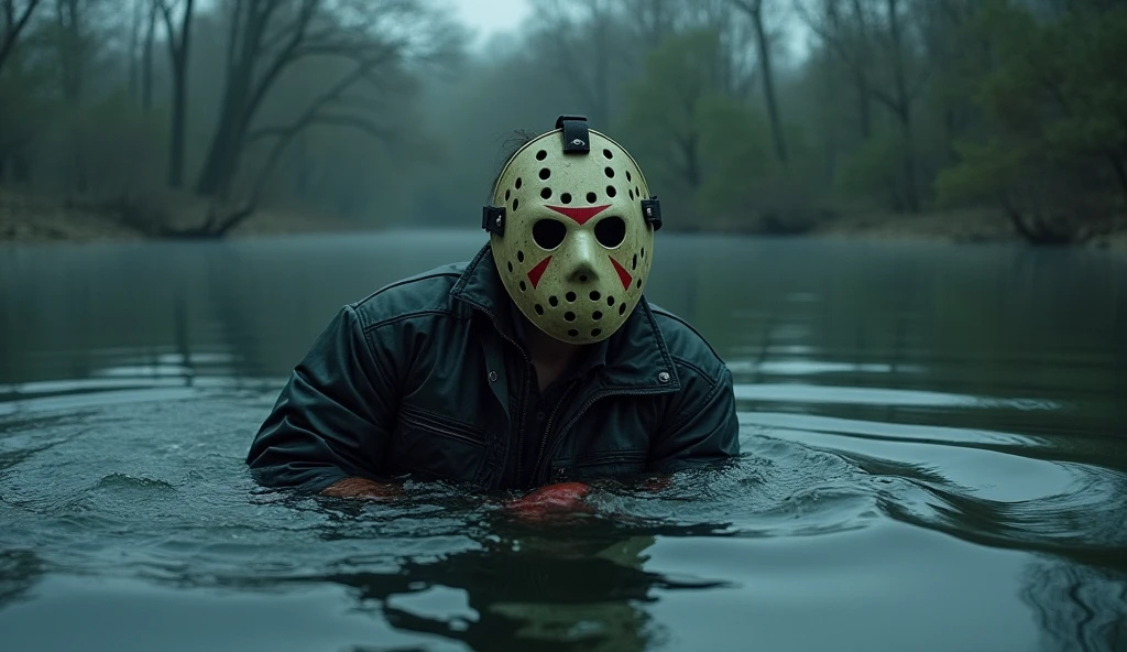 j3ys,hockey mask, green shirt, red eyes, looking at viewer, close up,
outside, lake, submerged in water, trees, moon, night, extreme detail, hdr, beautiful quality, <lora:voorhees:.8>