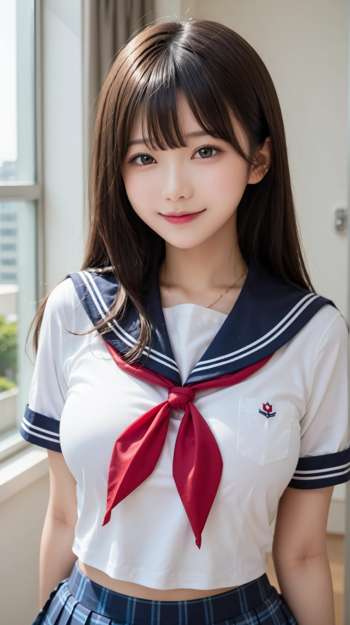 highest quality、High resolution、8k wallpaper、detailed and beautiful eyeedium hair、(beautiful big breasts:1.3)、natural color lip、bold sexy pose、smile、(A woman wearing a white short-sleeved sailor suit-style leotard:1.3)、((red tie))、20 year old girl、cute、Bedroom、hands on hips