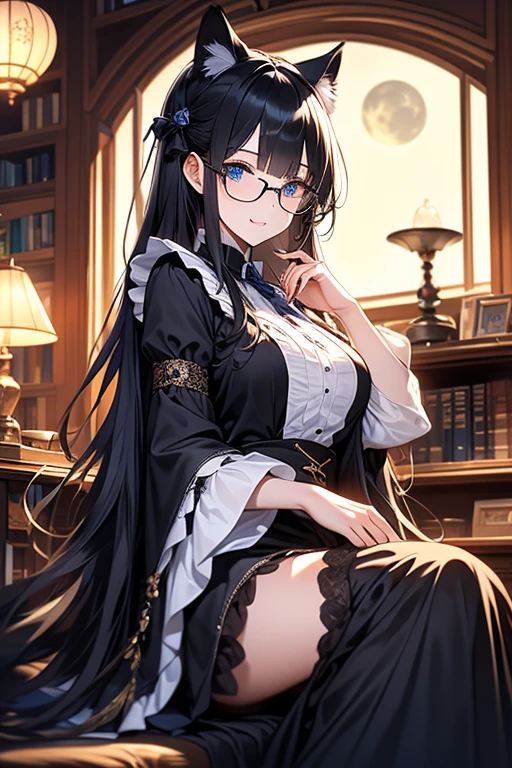 1girl,light smile,very long hair,straight hair,black hair, dark eyes,room,Medieval European House,By the window,Victorian maid costume,sunlight shines through the window,from side,cowboy shot,looking at viewer,calm atmosphere,tall female,glasses,standing, (Dangerous Beast) Cosplay Costume,elbow gloves, fur-trimmed gloves, fur-trimmed legwear, fur collar, fur trim, o-ring, purple gloves, purple thighhighs, wolf ears,