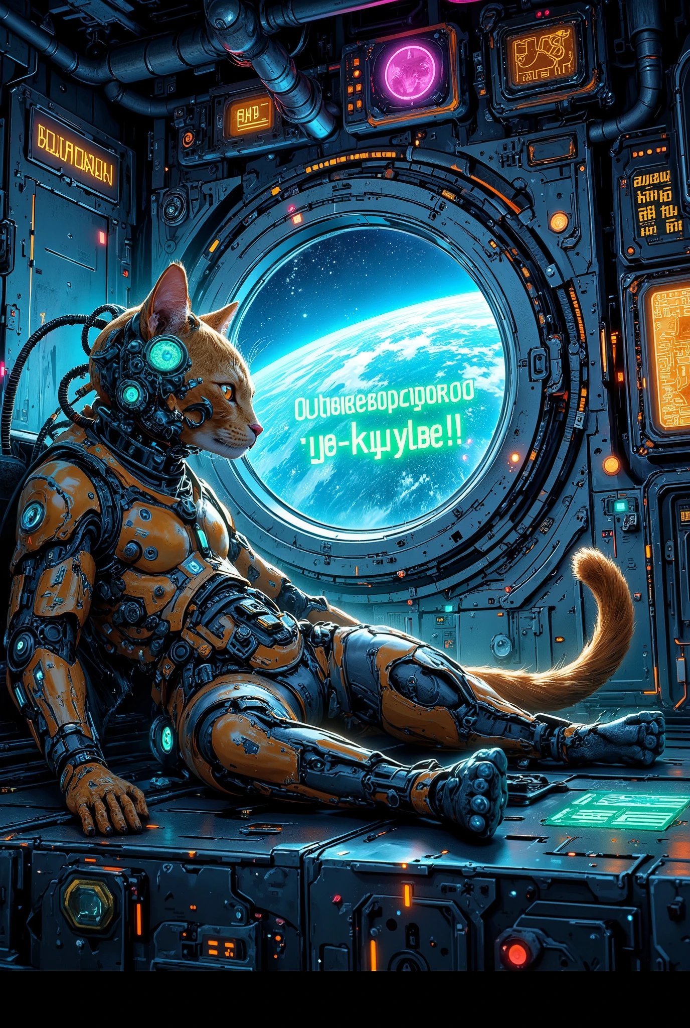 The gorgeous ginger cyber cat is an advanced animatronic with an amazing mix of organic and cybernetic parts (half-robot). He lies at the porthole, gazing into open space, surrounded by futuristic neon-lit interfaces. Behind him, a glowing neon sign reads: '100 подписчиков—спасибо, вы—лучшие!!!' in vibrant blue and pink hues. Style: ((neo-cyberpunk)), with visible metal and carbon fiber enhancements on the back and paws, granting superior agility. His neon-green eyes squint cunningly, reflecting nearby holographic screens. The cyber-cat has a fluffy yet high-tech design—cybernetic limbs, a sleek helmet with embedded circuitry, and shimmering surfaces catching the ambient glow of starship lights. The scene is bathed in soft neon illumination, emphasizing deep blues, electric yellows, and cyber-green accents. Ultra HD, hyper-detailed (32k, 4x resolution), ultra-sharp with cinematic depth. Best quality, sci-fi realism, ultra-clear image