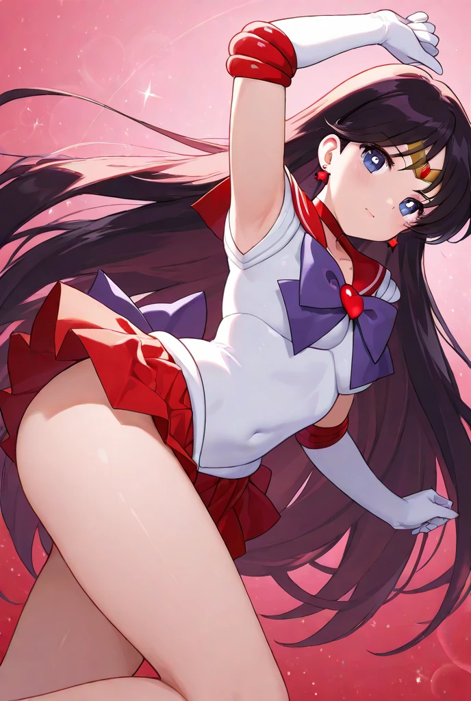 (masterpiece, best quality, high resolution, 2D, anime cels, megami magazine, 8K, Official art, sharp), Sailor Mars, 1girl, (sailor moon style:1.5), purple eyes, light smile, (straight hair, black long hair), (saggy large breasts:1.5), (white bikini:1.5), (red sailor collar, white elbow gloves), (from side, upper body, standing), (perfect detailed anatomy, beautiful detailed eyes, beautiful detailed face, perfect body, shiny skin), simple background,