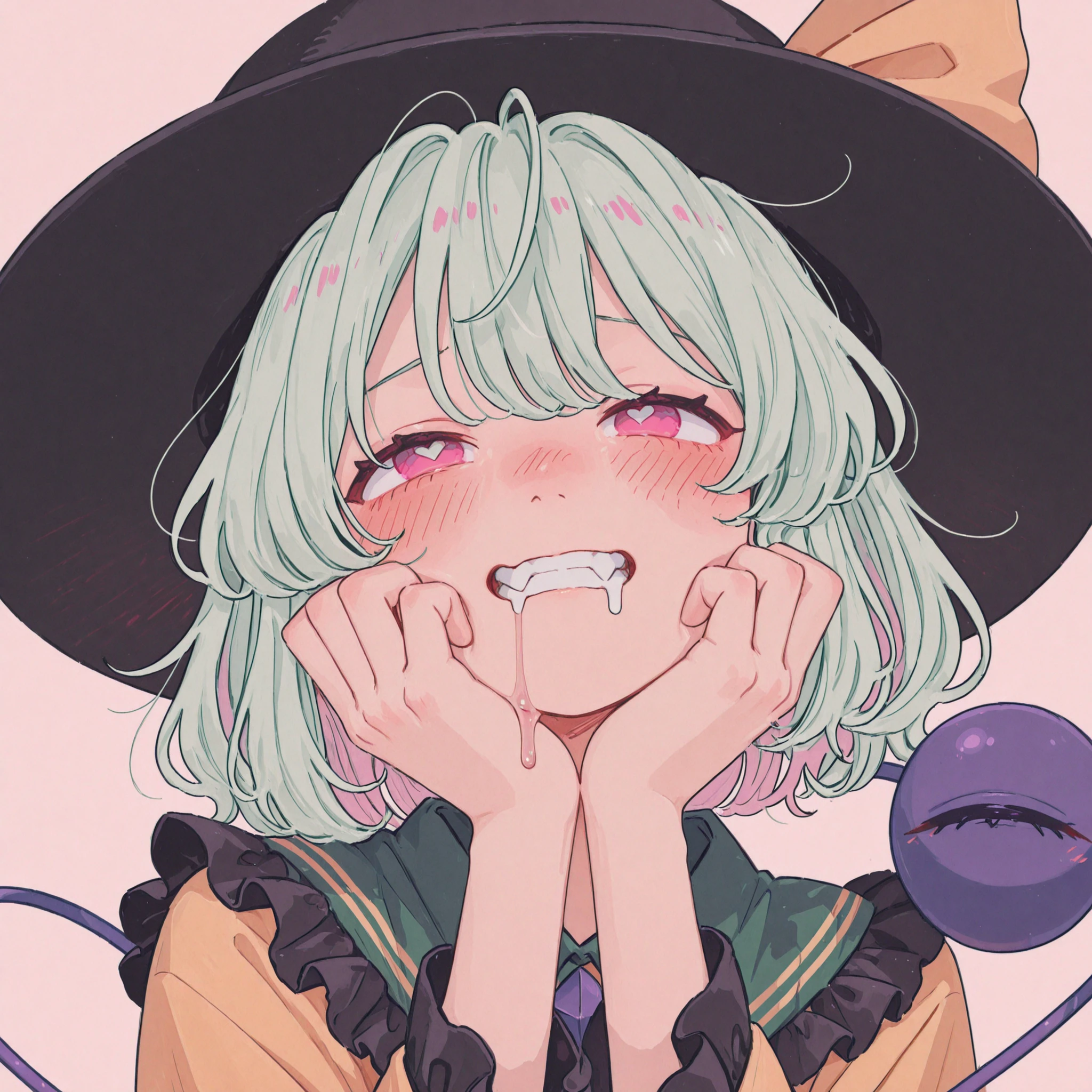 adults、solo、（Komeiji Koishi）、simple background、face up、Blush、drool、clench her teeth、pink eyes