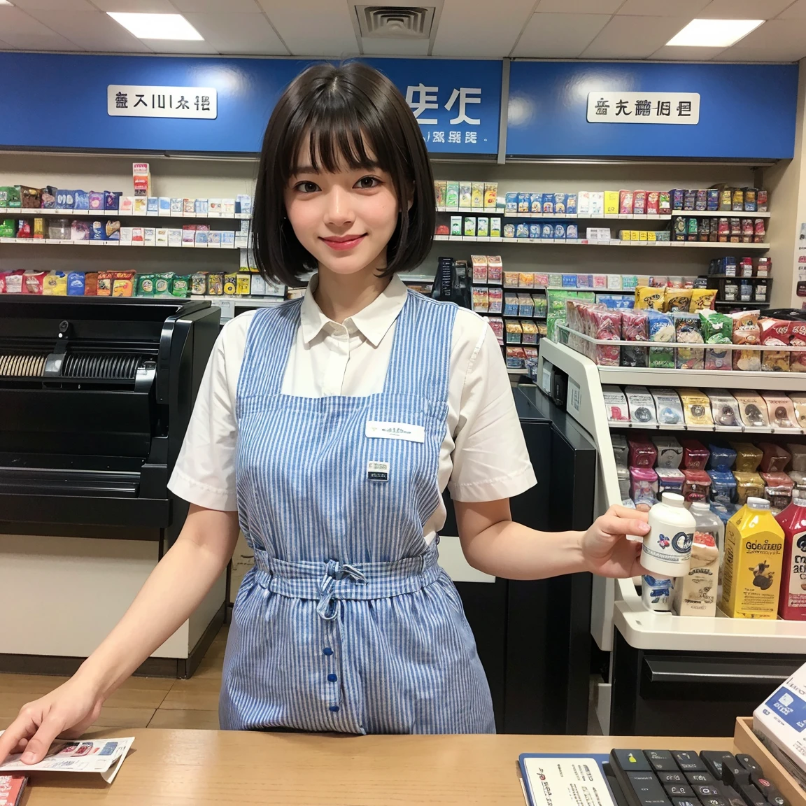 (onoff,side-by-side photo,split screen),(masterpiece:1.4), (best quality:1.4) ,8K,cinematic lighting,((best quality)), (masterpiece) , (realistic shadow) , (depth of field),(intricate details:1.4), 1girl,Japanese,(Brown mideum wave hair with asymmetrical bangs:1.3),Happy smiling face,(Slender body:1.4),hairy pussy,konbini, scenery, shop,convinience store,food, indoors,LAWSONU, employee uniform, uniform,id card, striped, shirt, pants, standing,