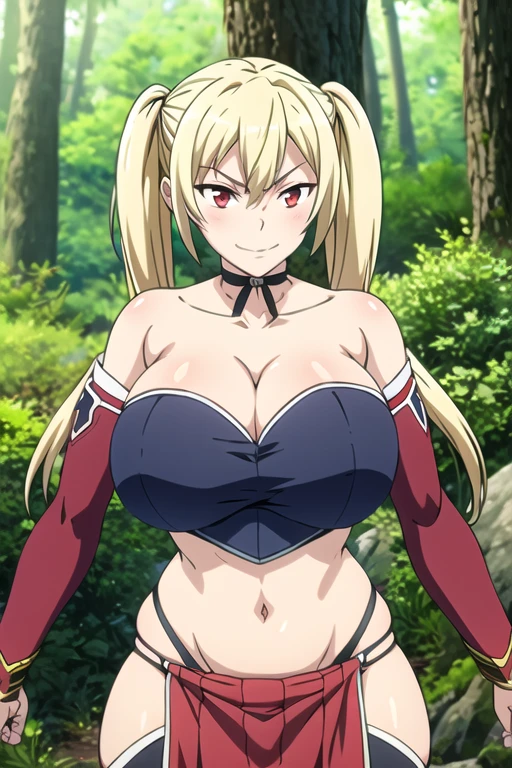 best quality, masterpiece, forest,
1girl,large breasts, cleavage,smug,leaning forward, nipple slip,
iris, blonde hair, short twintails, red eyes, detached sleeves, navel,black thighhighs, loincloth,navel,collarbone, choker,