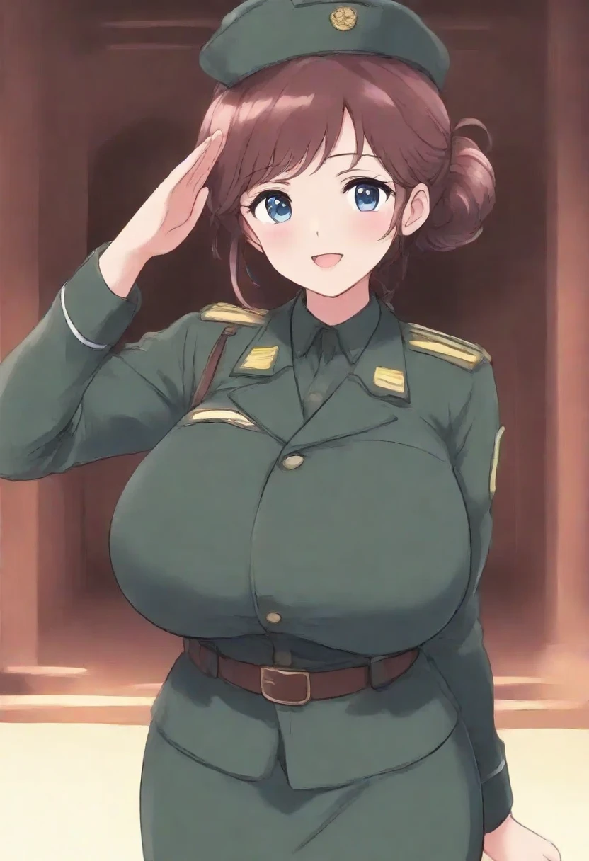 1girl, military hat, hat, brown hair, cap, very short hair, blue eyes, military, green leotard, salutr, serious, leotard, thick thighs, mature female, toned, bare legs, shoes, cleavage, huge breasts, pixie cut, wide hips, tall, tall female, epaulettes