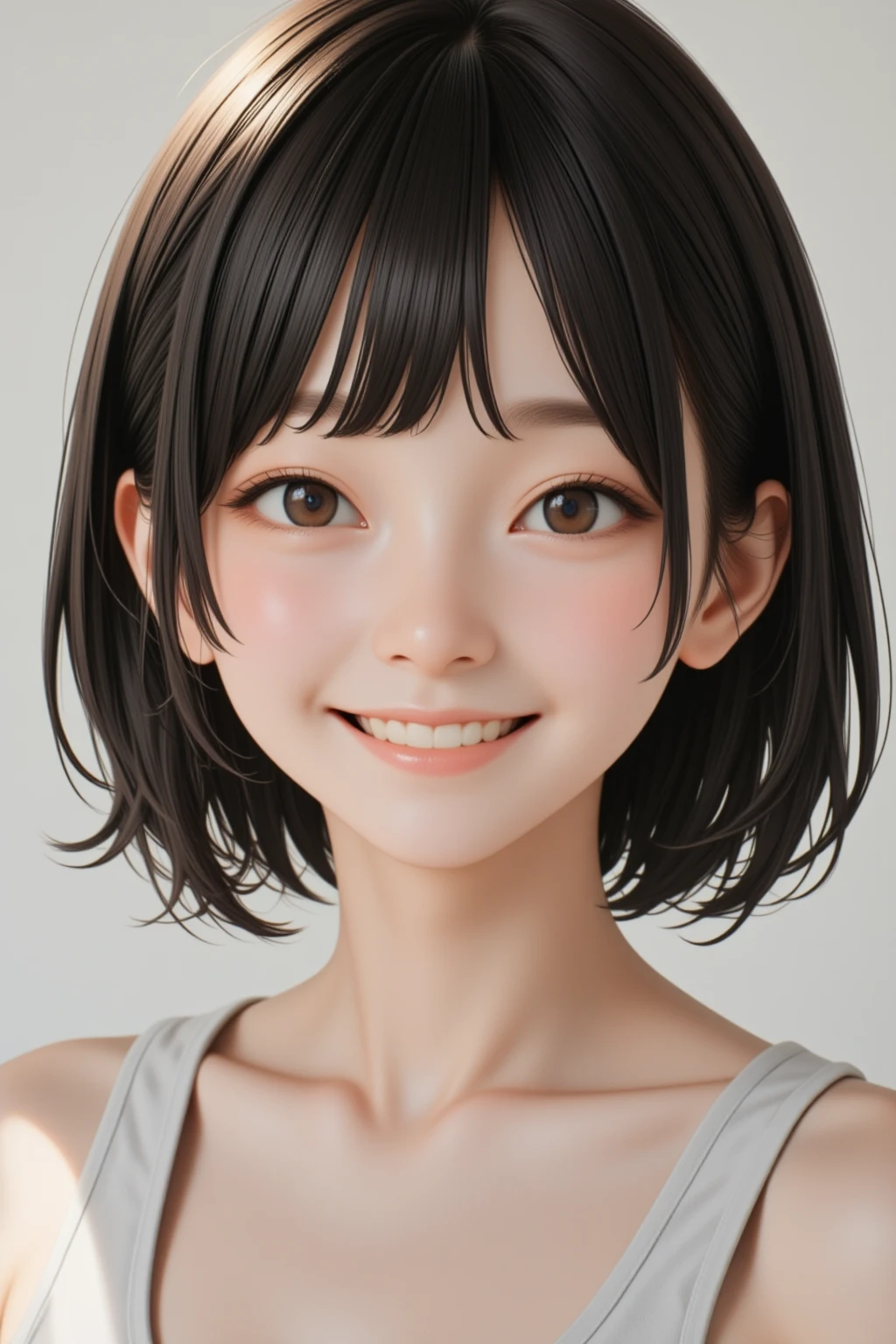 Appearance: Brown hair in a bob cut
Expression: Blushing face, tears in eyes, slightly gritting teeth
Condition: Slightly sweaty
Background: Simple white background
Features: Bubbles floating around