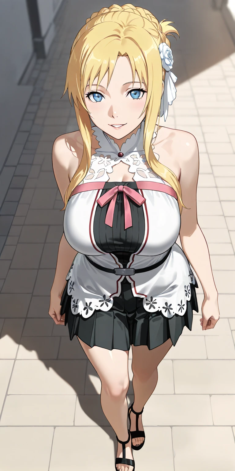 Una chica con blusa negra de cuepo completo con falda corta blanca con tacones negros posando para una foto, ????? anime style, oppai, ?????, Azure Lane Style, ????? style, anime girl, SFW version, Ahegao, fine details. front line girls, oppai proportions (anime girl) Yamada mocking smile_yellow, 1chica , by rubio, alone, wide, hair ornament, , smile, bow, red eyes my dress darling anime, beautiful seductress anime anime