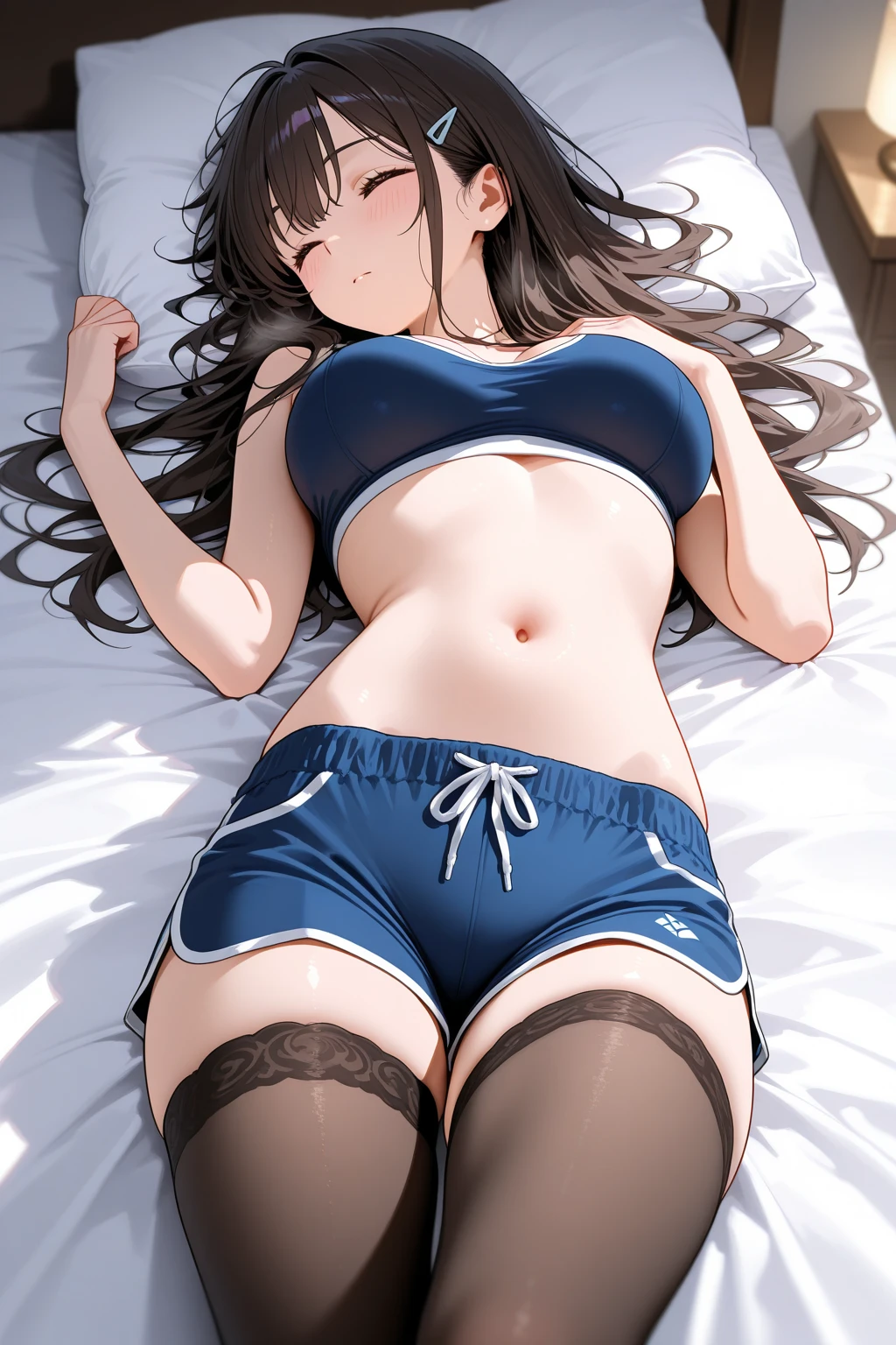 (top-quality: 1.3), (masterpiece: 1.3), (The ultra-detailliert: 1.3)、(Detailed hands and fingers:1.2)、((Woman in white school swimsuit))、((Woman in brown pantyhose))、(Love hotel rooms:1.3)、Brown-haired woman、ssmile、(Beautiful busty woman:1.4)、Longhair Woman、((Women with straight hair))、((Woman lying on bed with her head on a fluffy pillow、Place the right side of the body on the bed))、Woman with open legs、Woman in naughty pose