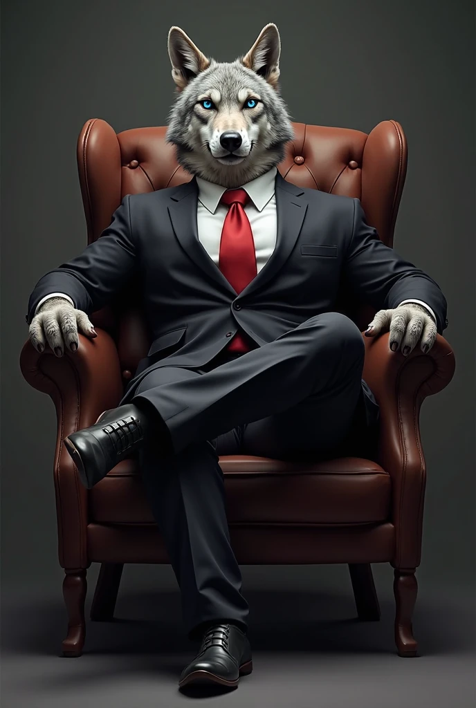 solo, male, brown and dark brown german shepherd, toned body, (dark gray jacket suit with red necktie, tight pants, thick bulge, brown shoes), (massive bulge), (Full Body Focus), sitting on a fancy chair, (showing his brown shoes, close-up on his shoes), smile, angry expression, looking at viewer, high detailed, masterpiece, dark blue background, by Meesh
