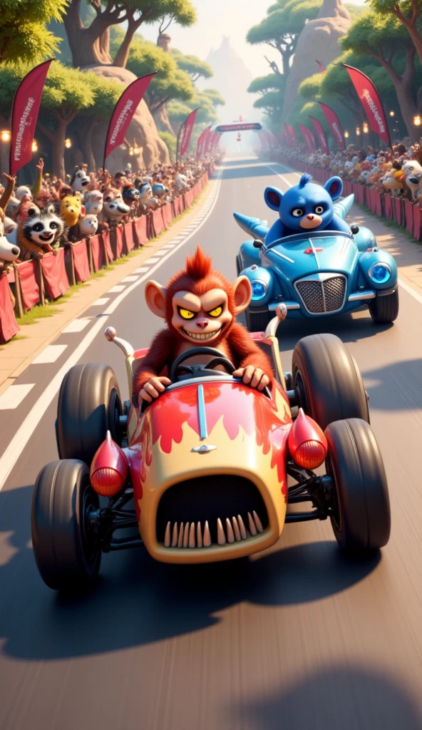 Taz character with a motorcycle tire in his mouth with a racetrack in the background