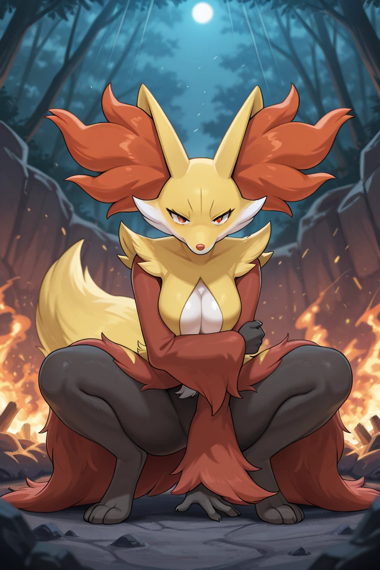 (masterpiece, best quality:1.2), solo, 1girl, delphox, furry, multicolored fur, looking at viewer, tail, perfect posture, happy expression ,PC Wallpaper ,animal fangs