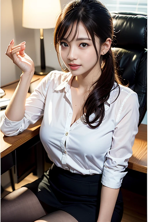 confused, RAW photo, very delicate and beautiful, masterpiece, highest quality, ultra high resolution, 16k, surreal, Super detailed, High definition CG 8k wallpaper, beautiful lighting, perfect lightning, realistic shadow, perfect anatomy, super dense skin, perfect figure, japanese woman, 20's, very slim body, tight waist, very small head, handsome detailed woman, highly detailed eyes and face, realistic facial proportions, amazingly detailed eyes, realistic beautiful face, very small face, realistic small beautiful eyes, double eyelid, compensate, tearful mole, mole on chest, earrings, beautiful and very thin legs, Beautiful and very thin thighs, (((very huge round breasts))), short hair, wavy hair, (full body shot), (((((1 girl))))), (((sexy office lady,business services,micro skirt))),smile、Rear view、