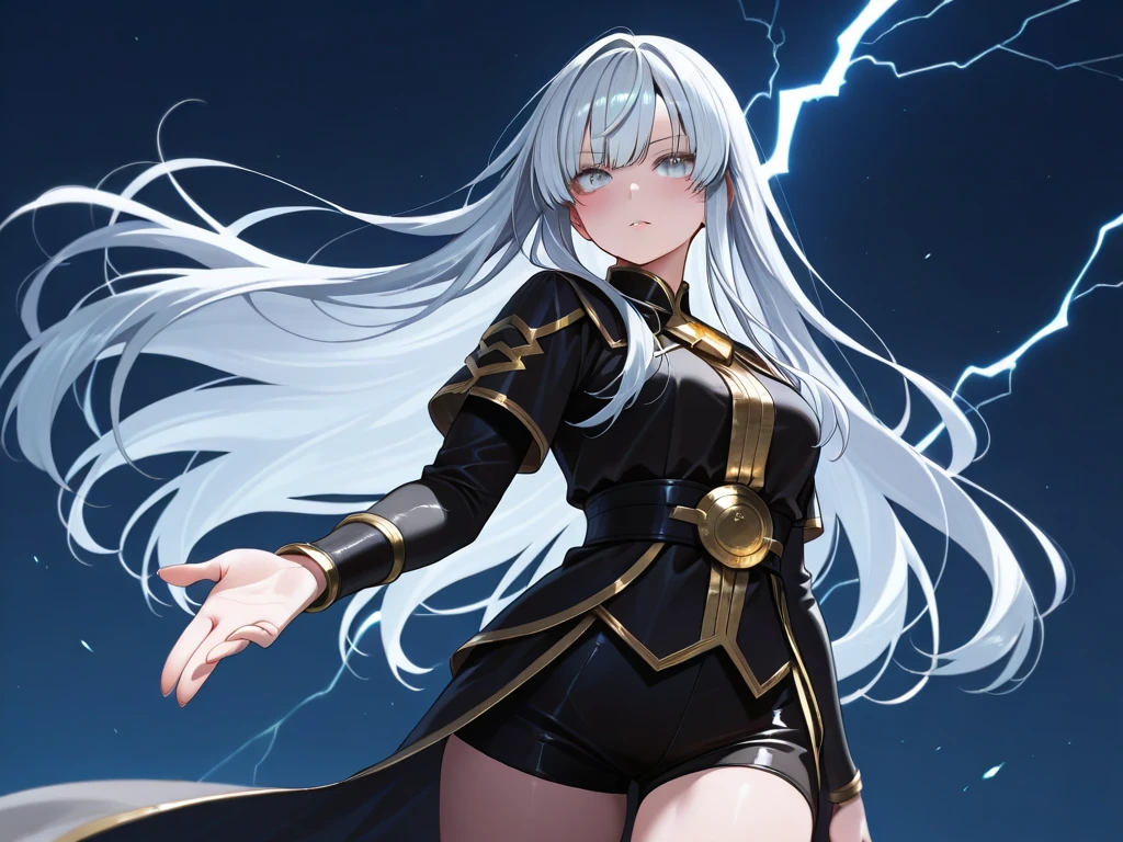 masterpiece, best quality, 1girl, very long grey hair, grey eyes, storm clouds, lightning, flashes of light, belt, quilted long grey and silver dress, silver brooch