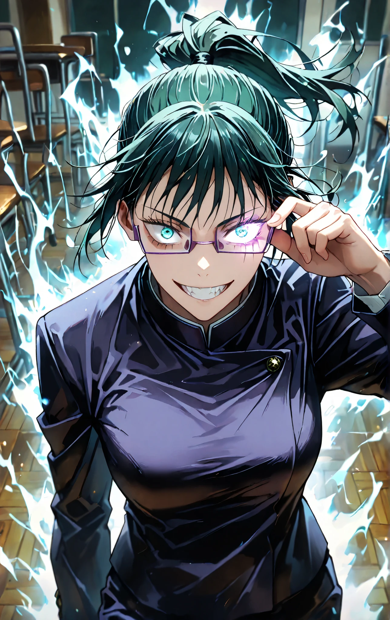 score_9, score_8_up, score_7_up, score_6_up, masterpiece, highest resolution, absurdres, extremely detailed, best composition, 1girl, teen girl, highschool girl, Making Zenin, Jujutsu Kaisen, crazy look, purple eyeglasses, green hair, ponytail, ((took off eyeglasses)), proud stance, highschool classroom, intimidating, intimidating aura, dynamic pose, dynamic angle, angled shot, blue aura, glowing eyes