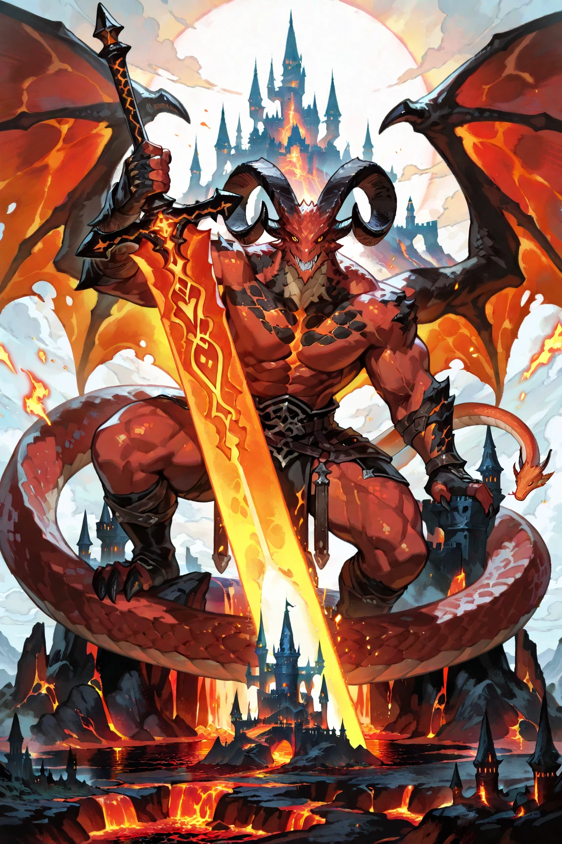 A demon with horns and red eyes duels in the arena