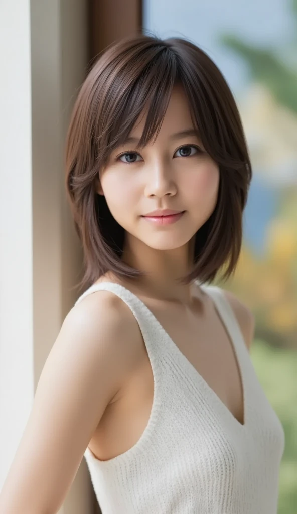 (((masterpiece:1.4, Highest quality:1.4, 8k, Ultra-high resolution, Physically Based Rendering))), Do not split、Resort hotels、nude、Standing posture from knees up、Small 、whole body、smile、Black pantyhose、Facing forward、alone、 One beautiful woman,alone、24-years-old、Nice light brown short hair、Tropical coast、Professional Lighting、Super beautiful sexy woman, Perfectly shaped body, 24-years-old, (Large eyes with great detail),  Fine thin eyebrows, Eye highlights, Super straight brown hair, bangs,  Highly detailed face and skin texture, 