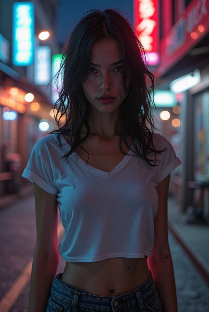 Top Quality, Masterpiece, High Resolution, 8k, (((cute skinny barely legal girl in oversized silky nightgown with plunging neckline, wide neckline, deep neckline, small perky breasts, beautiful detailed eyes, beautiful detailed lips, small closed mouth, extremely detailed face, tanned skin, random long hair style, small hips))), cyberpunk apartment, moody atmosphere, dramatic and random neon colors, futuristic setting, intricate details, at night, backlit, random neon color, full body shot, view from distance, random pose