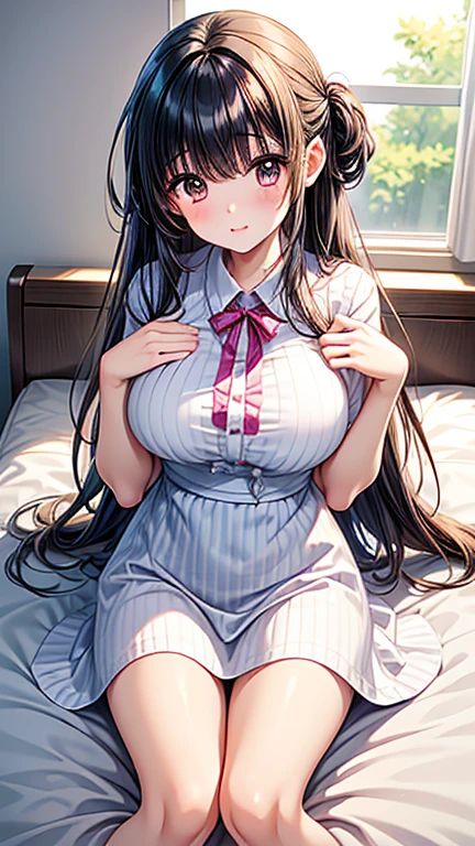 masterpiece, One girl, Brown haired girl, Curly long hair, The body is slim, Pink eyes, Ahoge, Baby Face, Huge breasts, Beautiful breasts, Round Breasts, Long sleeve, Beautiful Eyes, Black knee-high socks, , skirt, black skirt, plaid skirt, flared skirt, skirt, Bedroom M-legs Pussy Legs Opening Sexual lust Tongue licking Slanted eyes Topless Big tits