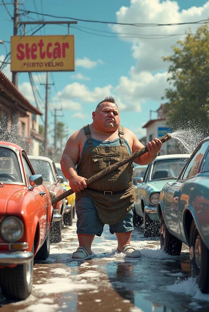 Im Stil von Pixar 3D-Animations-Filmen. Obese man with dirty undershirt, Racing helmet on the head, an exhaust like a lance in one hand and a BMW steering wheel like a shield in the other. He stands in front of a rusty silver BMW E46 Compact.