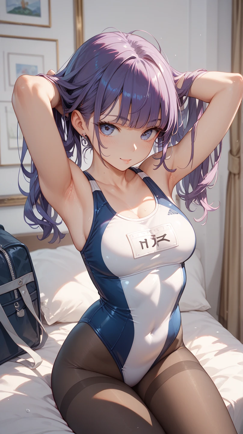 masterpiece、highest quality、Very detailed、Photograph the upper body、1 female、(Put your arms behind your back:1.2)、Are standing、Turn your body forward、View your viewers、(blue baton twirling costume)、Holding nothing in hands、blush、shy、Pink Hair、Open your mouth、Indoor sports ground、Big Breasts、