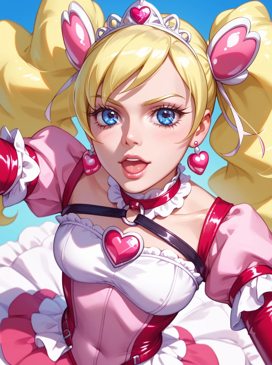 realistic ((( close up portrait))) photo of (((fetchingbutterfly))) wearing a stunning latex dress, focus on shoulders, close up, blushing, collar, long gloves, stunningly beautiful woman, seductive, perfect face, perfect eyes