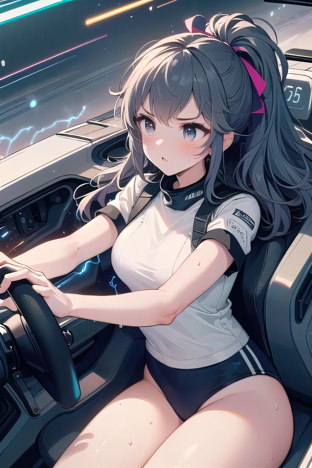 (((masterpiece))), (((best quality))), (((from front))), ((driving a formula racing)), ((fingers on steering wheel)), sitting on driver's seat, sharp eyes, wearing black gymnastics bloomers, high leg ,white blouse (((speed lines))), ((electricity)), ((neon lights)), solo, 1girl, big , longhair, sweat, slim figure,