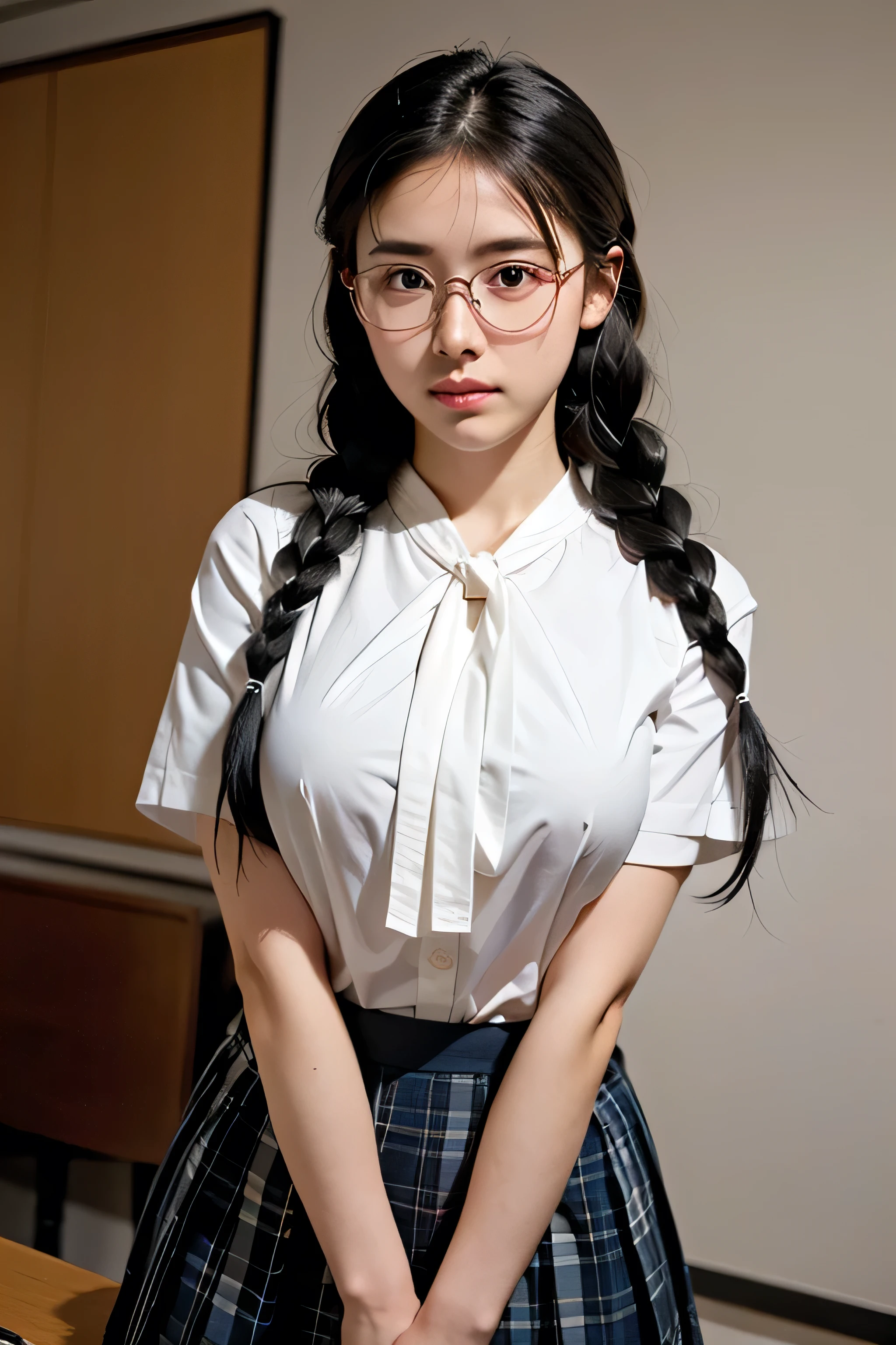 top quality, stay focused, Rembrandt's Light/Dark Method, super high resolution, (photorealistic:1.4), RAW photo, ((Female Student Seduces Teacher)),Holding glasses with both hands、
1 Japanese girl, solos, braids, Babyface, cute, (pupil, 輝くpupil), Red cheeks, has a beautiful face with great attention to detail , (white blouse, necktie, check pleated skirt),(pheromones leaking in large quantineckties), anime girl, Sexy pose, nice body curves, Show off your body , lean back, view from below, in a sexy pose, simple dark room.
(long hair), (Detailed stills), photo of your upper body、
