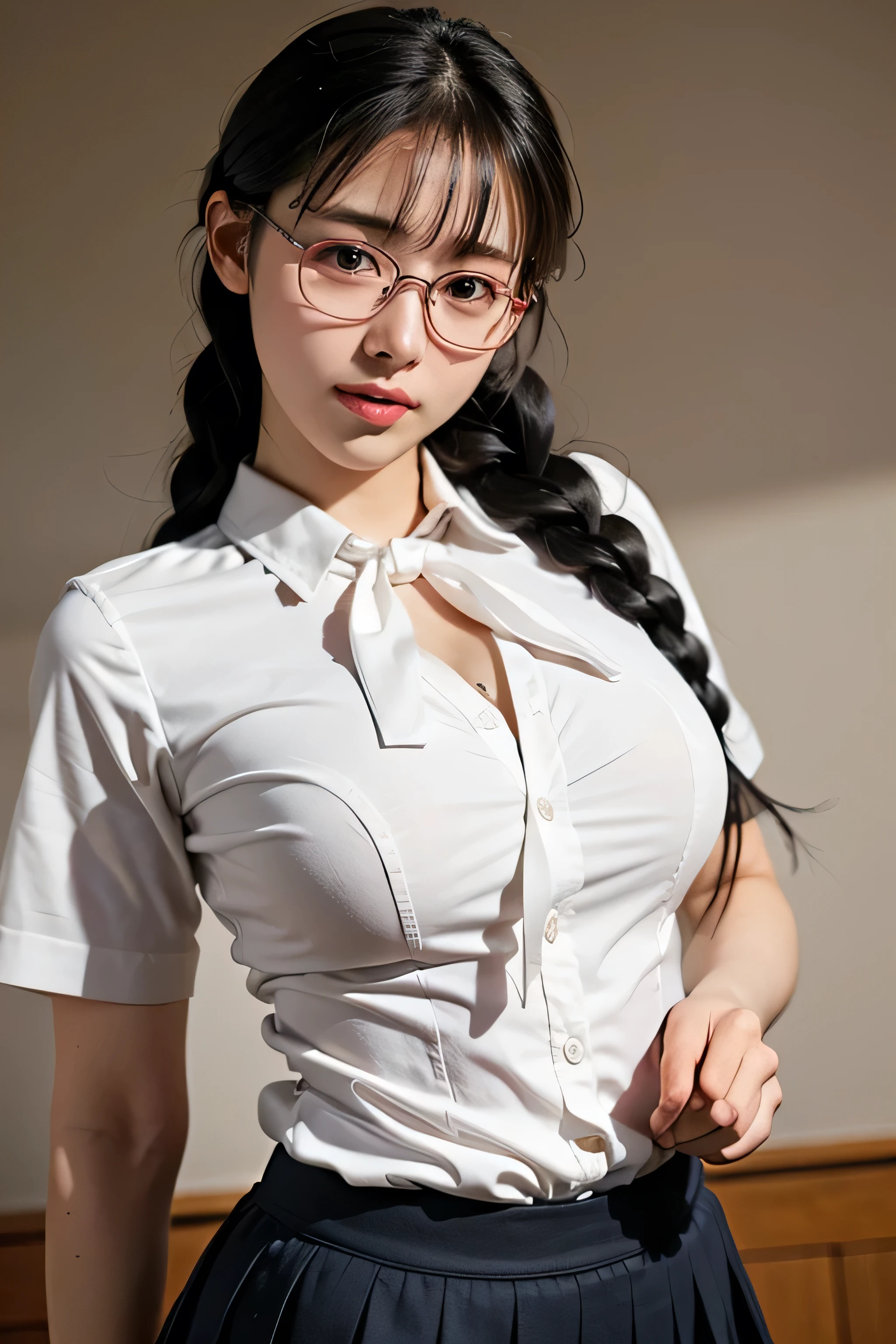 top quality, stay focused, Rembrandt's Light/Dark Method, super high resolution, (photorealistic:1.4), RAW photo, ((Female Student Seduces Teacher)),Holding glasses with both hands、
1 Japanese girl, solos, braids, Babyface, cute, (pupil, 輝くpupil), Red cheeks, has a beautiful face with great attention to detail , (white blouse, necktie, check pleated skirt),(pheromones leaking in large quantineckties), anime girl, Sexy pose, nice body curves, Show off your body , lean back, view from below, in a sexy pose, simple dark room.
(long hair), (Detailed stills), photo of your upper body、