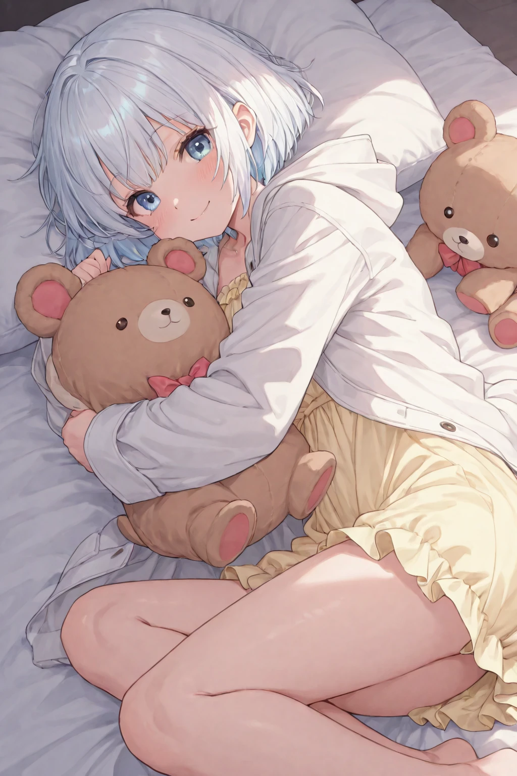 brown skin girl,white hair, Cat's ears,cat eye,Wearing Pajamas, lying on her bed, Hugging the teddy bear